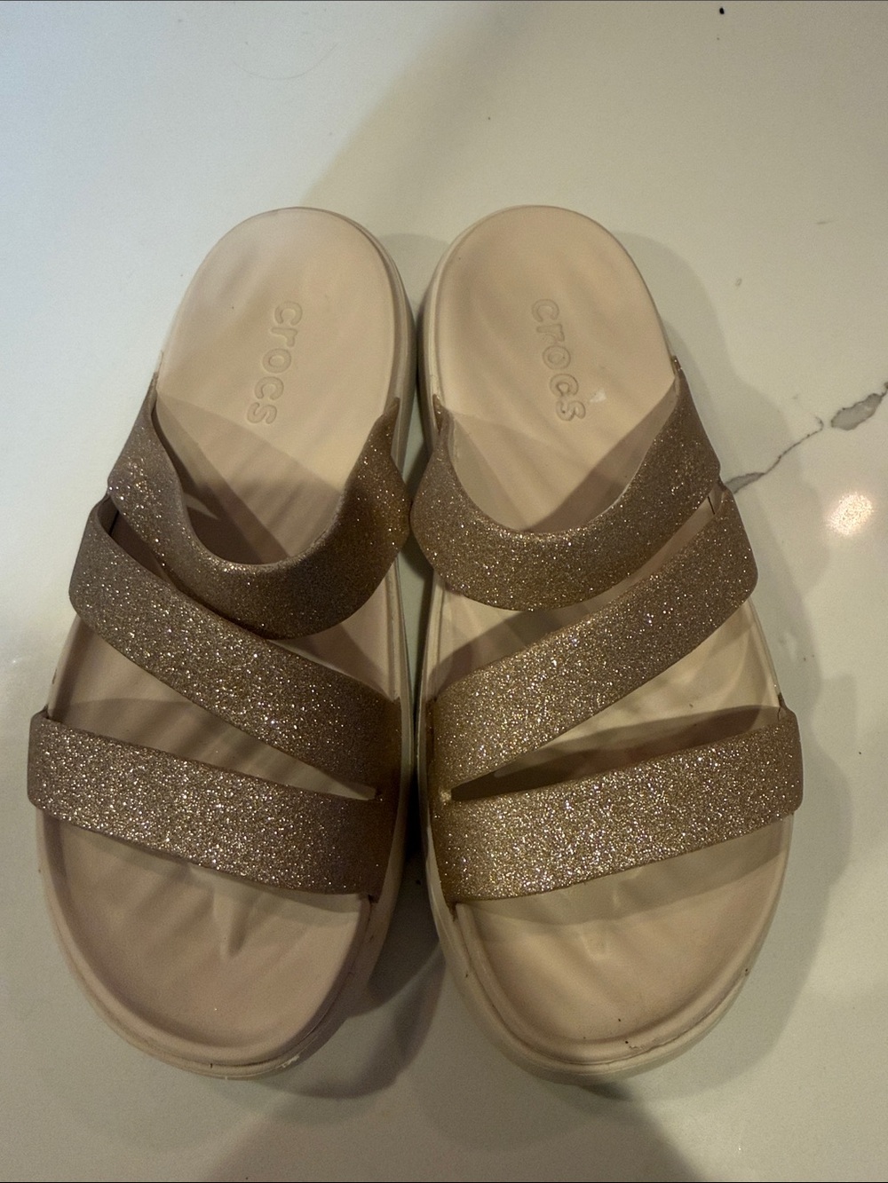 CROCS Women's Glitter Triple-Strap Slide Sandals - Rose Gold 7